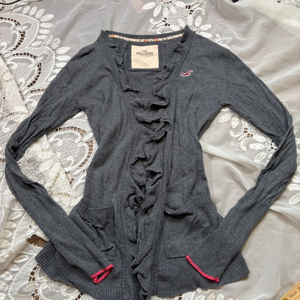 Y2K Fall Hollister Gray Ruffle Open Front Cardigan Cotton Rabbit Hair Blend S